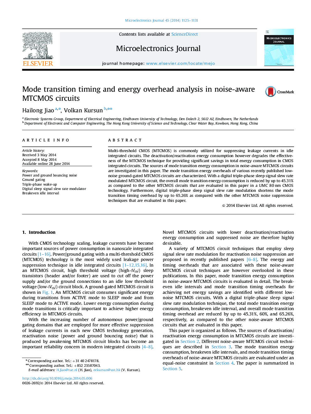 عکس صفحه اول مقاله: Mode transition timing and energy overhead analysis in noise-aware MTCMOS circuits Mode transition timing and energy overhead analysis in noise-aware MTCMOS circuits