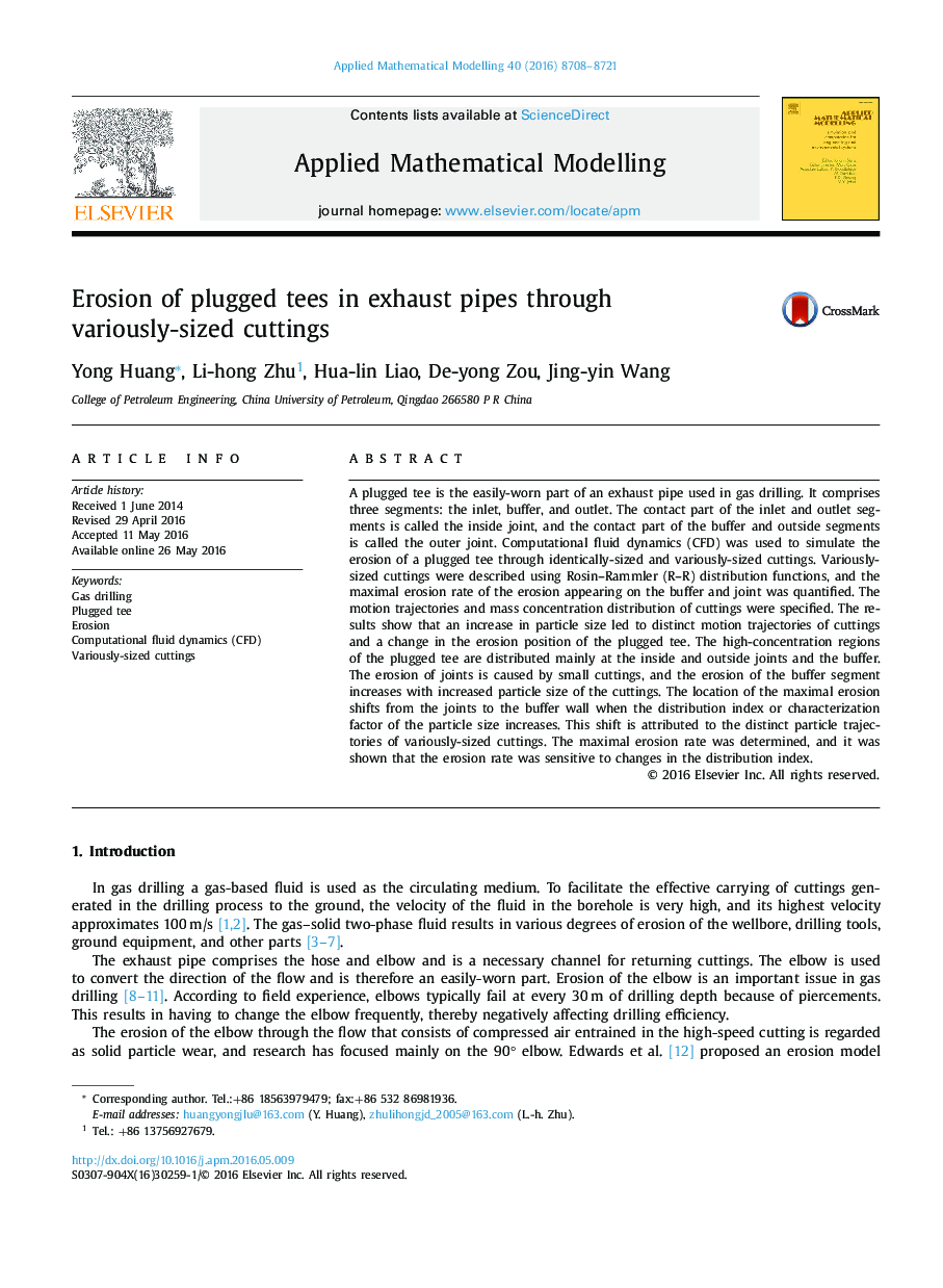 Erosion of plugged tees in exhaust pipes through variously-sized cuttings