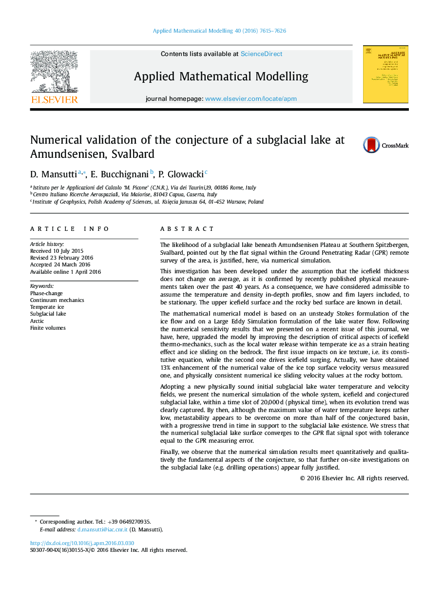 Numerical validation of the conjecture of a subglacial lake at Amundsenisen, Svalbard