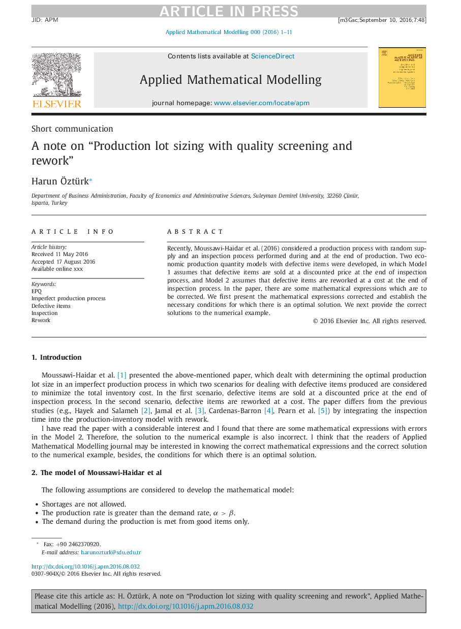 A note on “Production lot sizing with quality screening and rework”