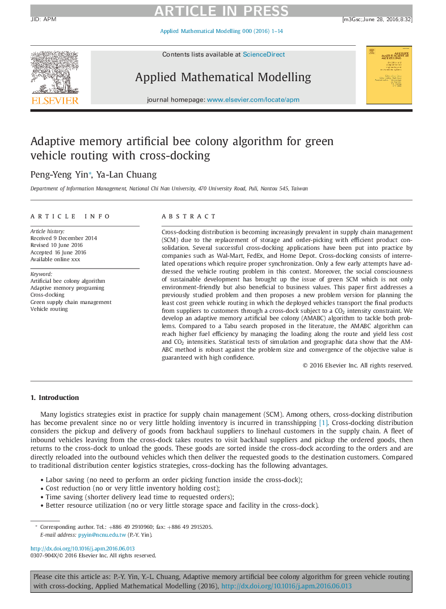 Adaptive memory artificial bee colony algorithm for green vehicle routing with cross-docking
