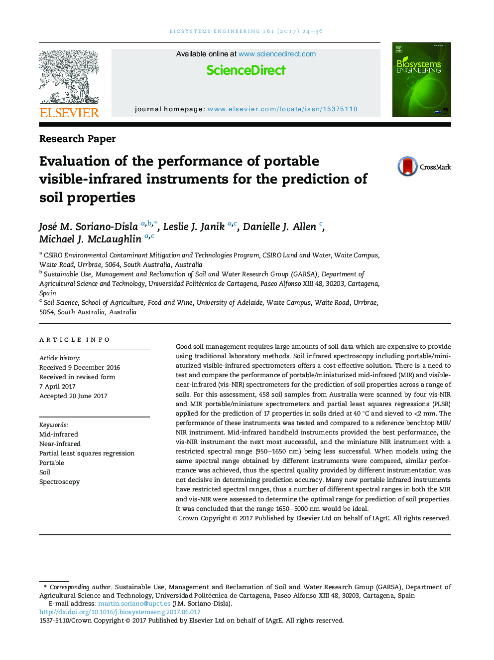 Evaluation of the performance of portable visible-infrared instruments for the prediction of soil properties