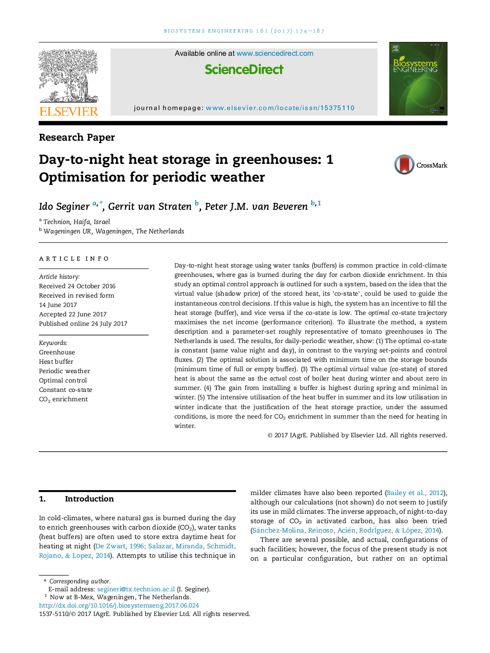 Research PaperDay-to-night heat storage in greenhouses: 1 Optimisation for periodic weather