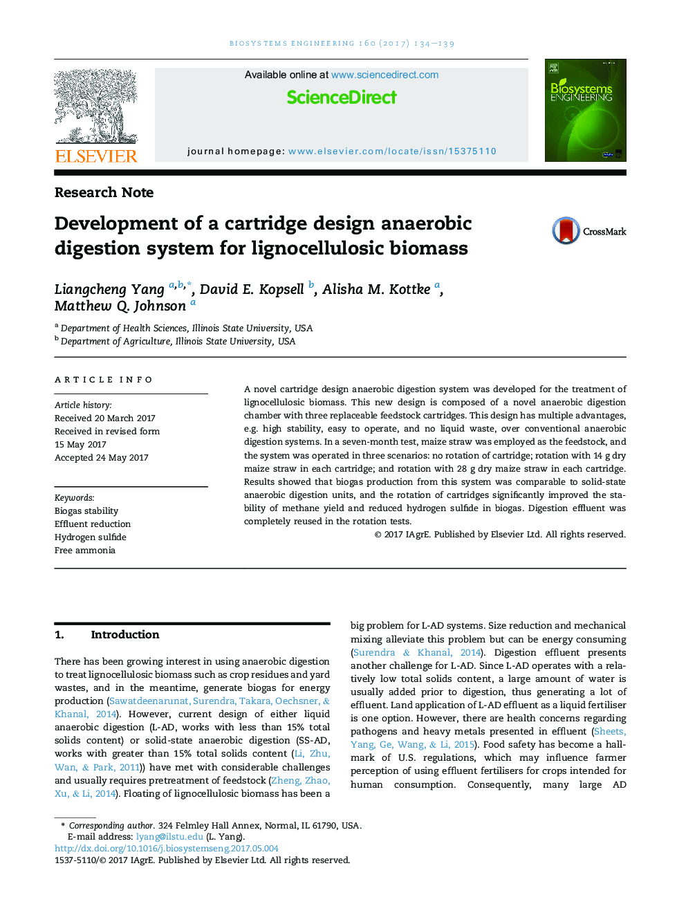 Development of a cartridge design anaerobic digestion system for lignocellulosic biomass