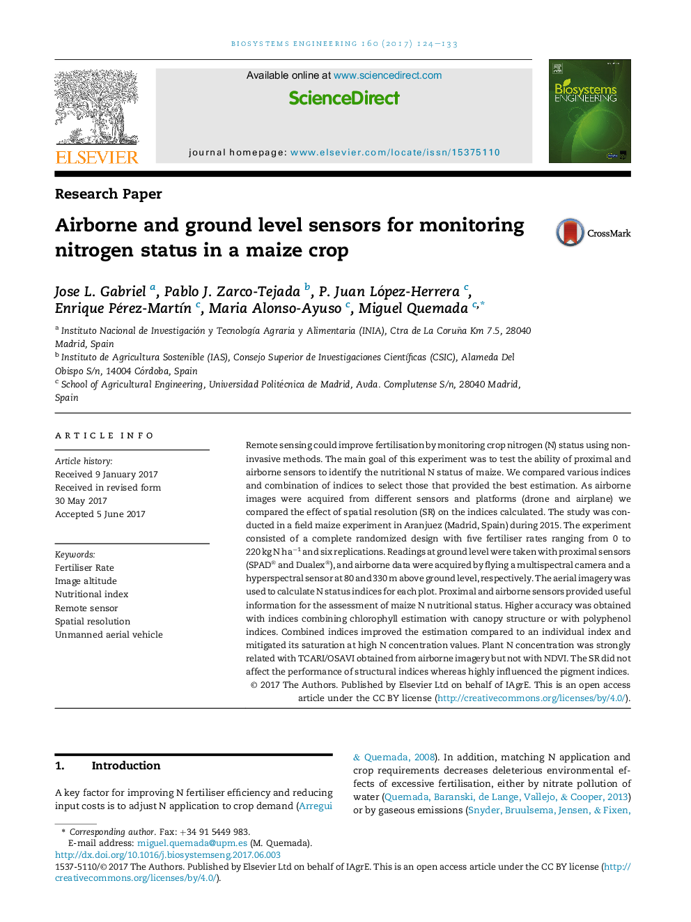 Airborne and ground level sensors for monitoring nitrogen status in a maize crop