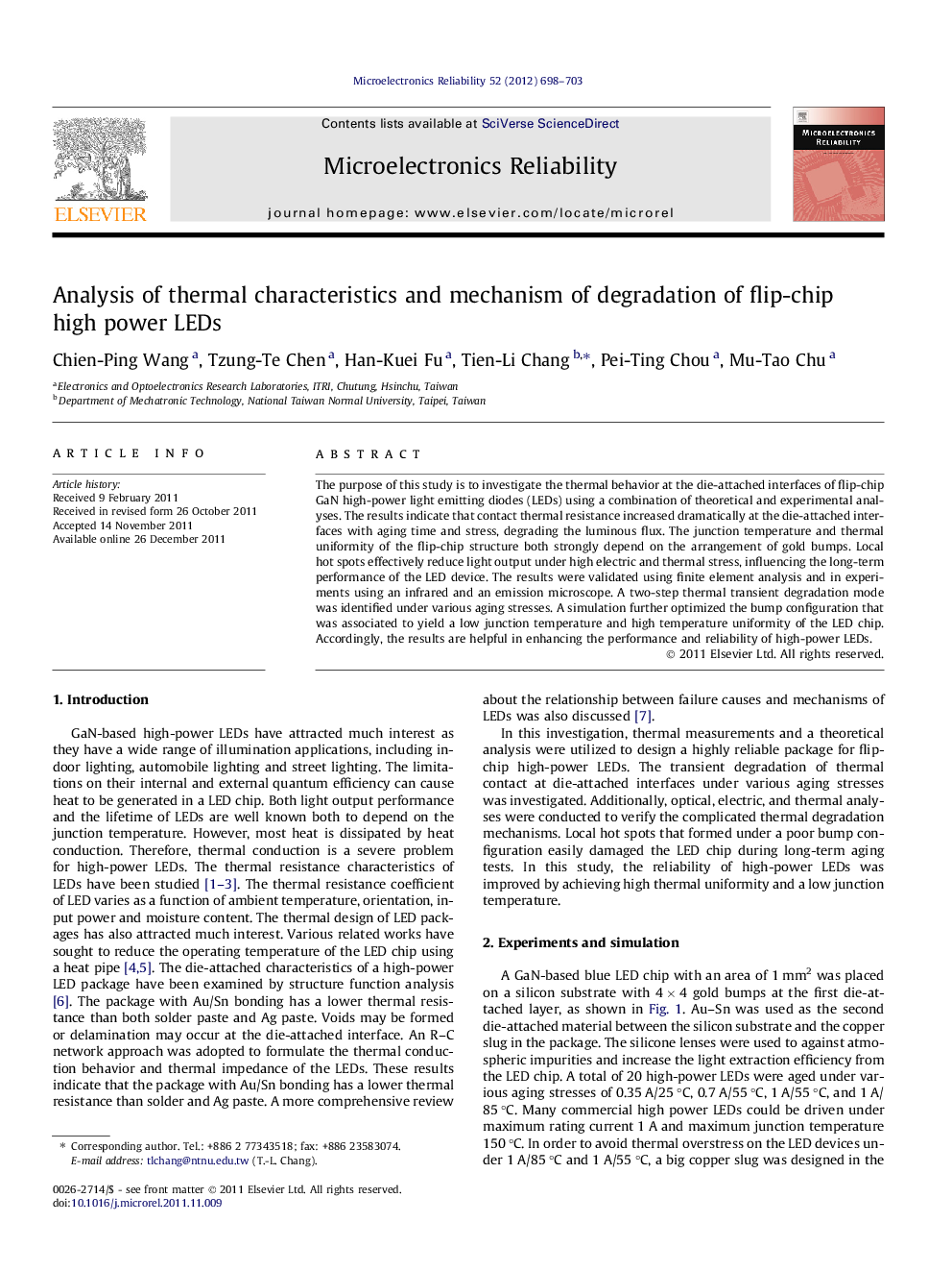 Analysis of thermal characteristics and mechanism of degradation of flip-chip high power LEDs