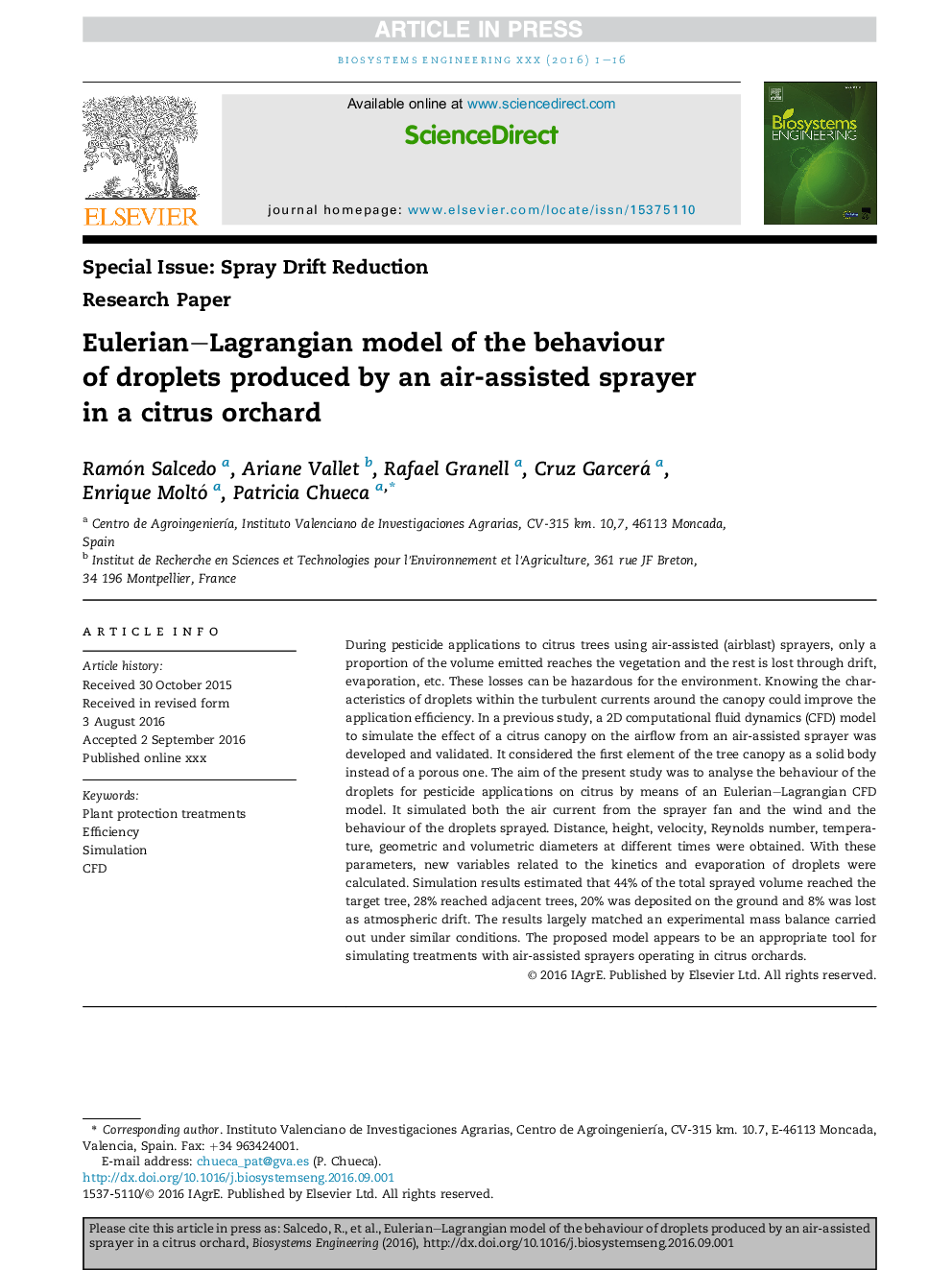 Eulerian-Lagrangian model of the behaviour ofÂ droplets produced by an air-assisted sprayer inÂ aÂ citrus orchard