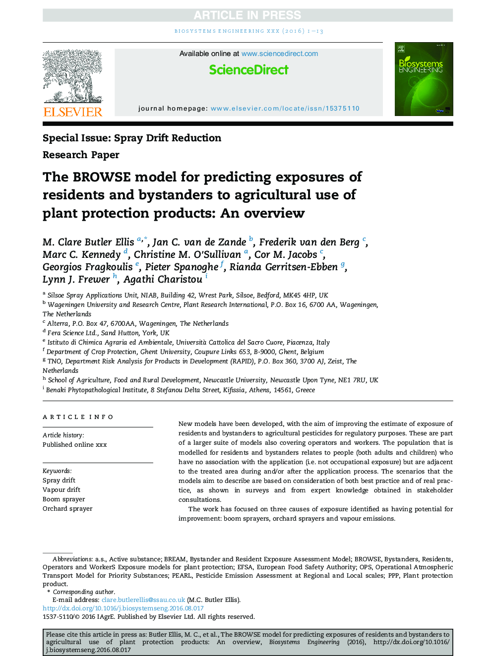 The BROWSE model for predicting exposures of residents and bystanders to agricultural use of plant protection products: An overview