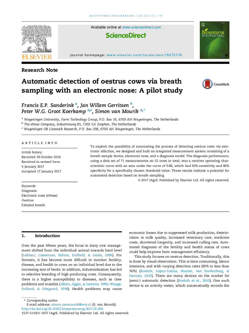 Automatic detection of oestrus cows via breath sampling with an electronic nose: A pilot study