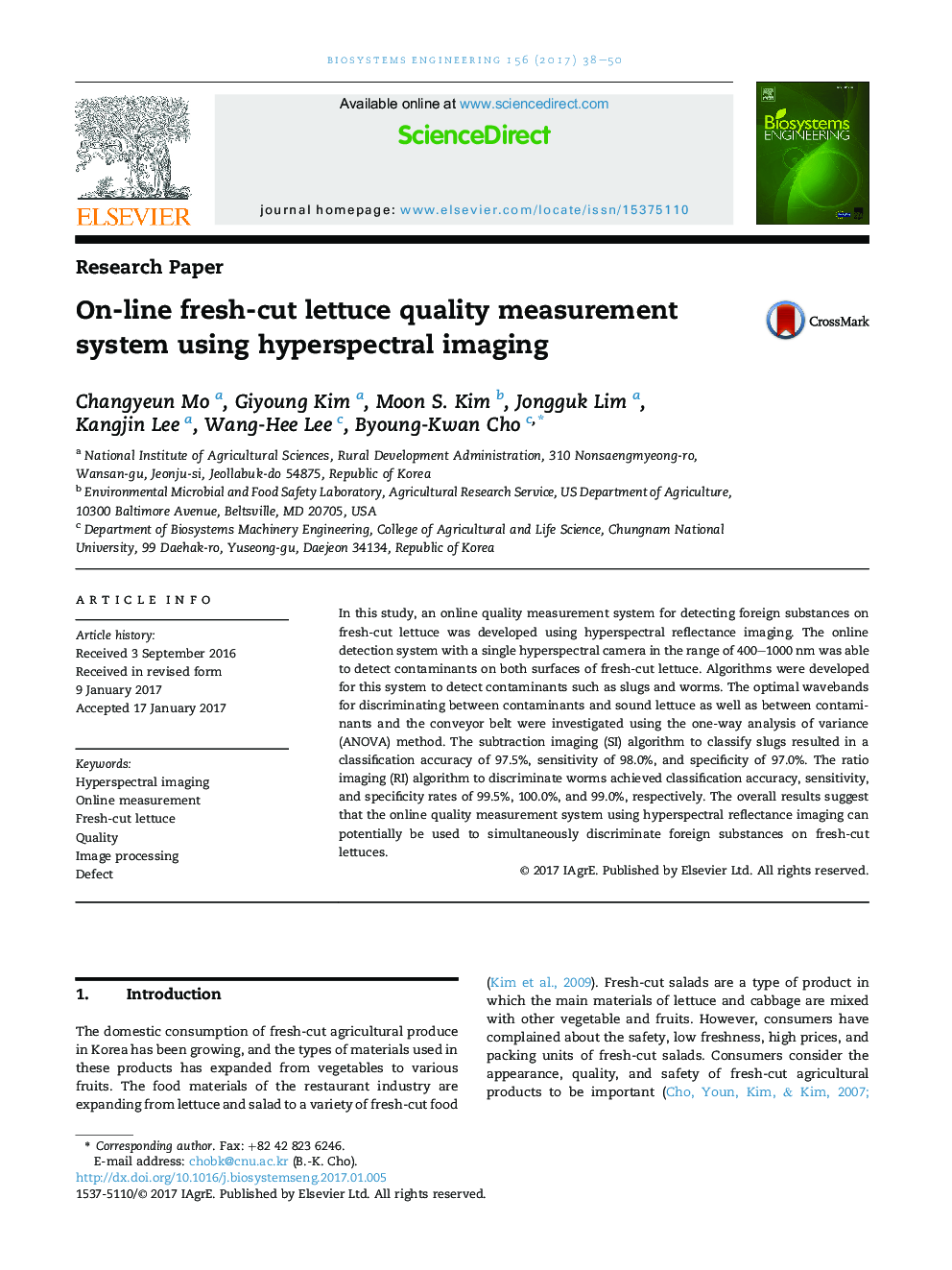 On-line fresh-cut lettuce quality measurement system using hyperspectral imaging