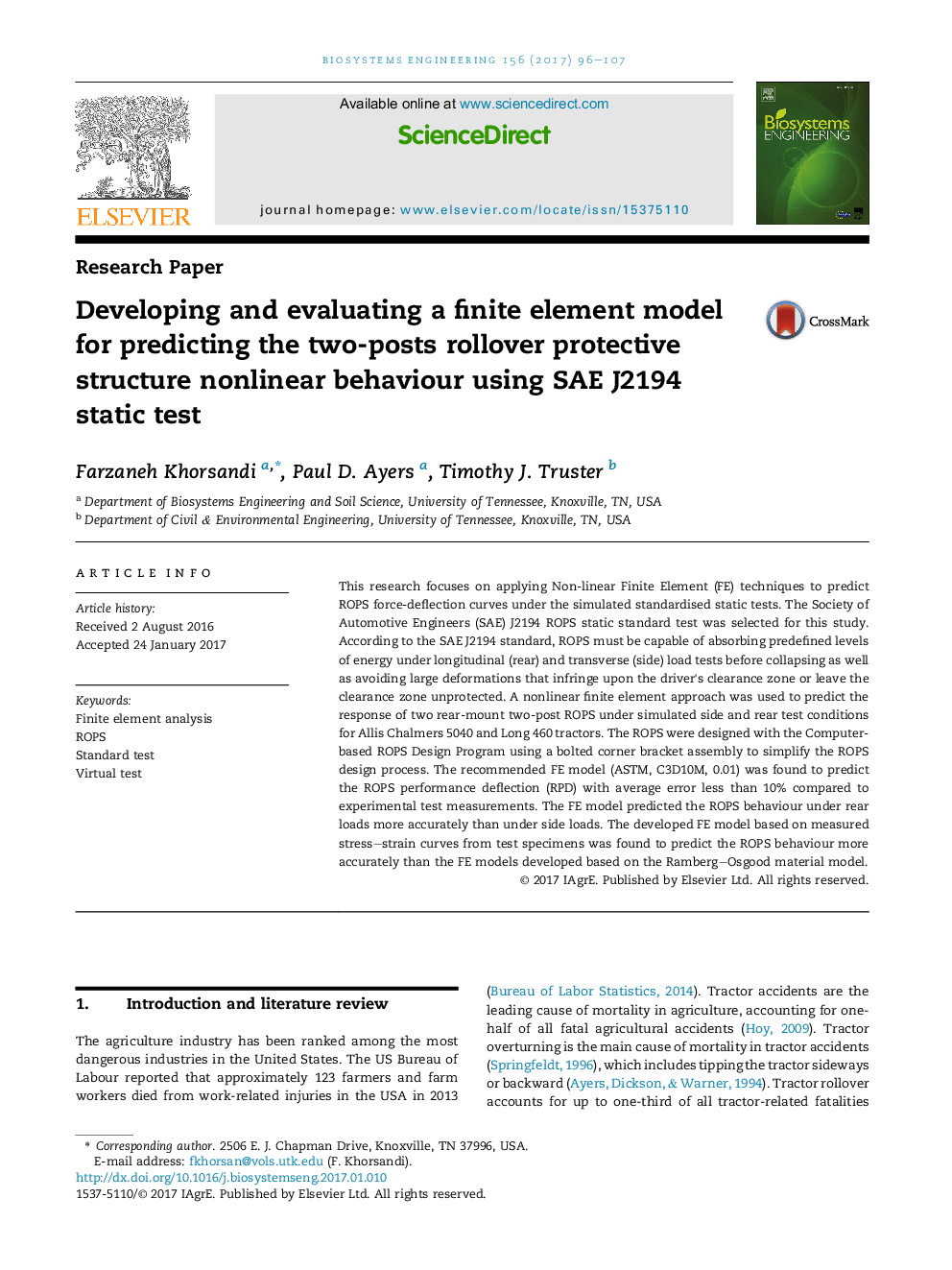 Developing and evaluating a finite element model for predicting the two-posts rollover protective structure nonlinear behaviour using SAE J2194 static test