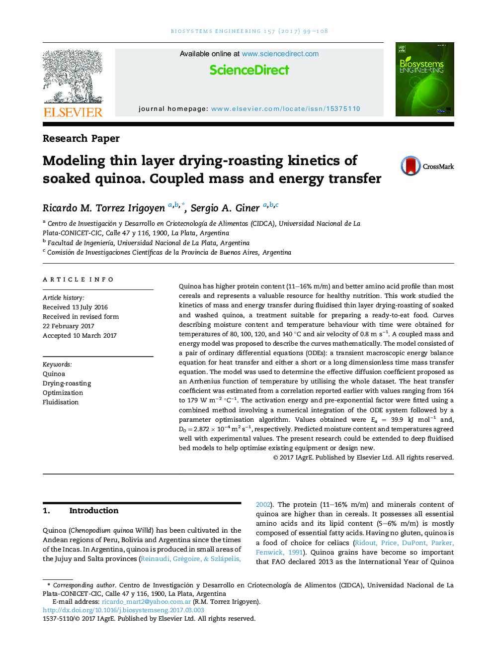 Modeling thin layer drying-roasting kinetics of soaked quinoa. Coupled mass and energy transfer