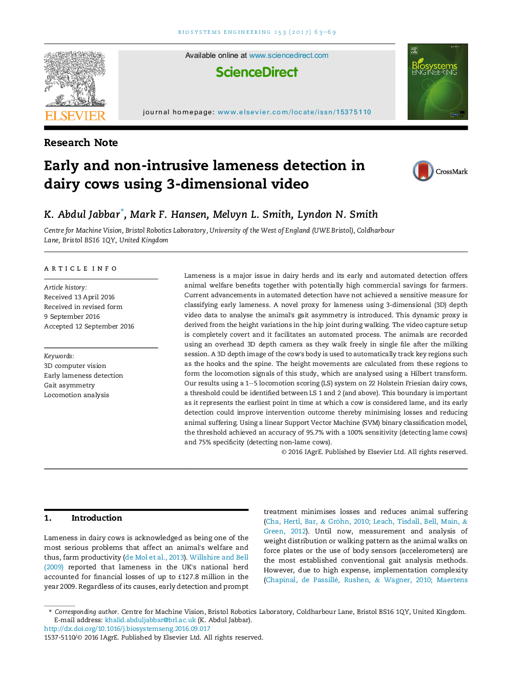 Early and non-intrusive lameness detection in dairy cows using 3-dimensional video