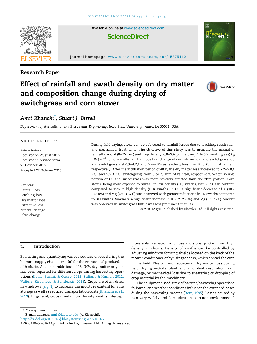 Effect of rainfall and swath density on dry matter and composition change during drying of switchgrass and corn stover