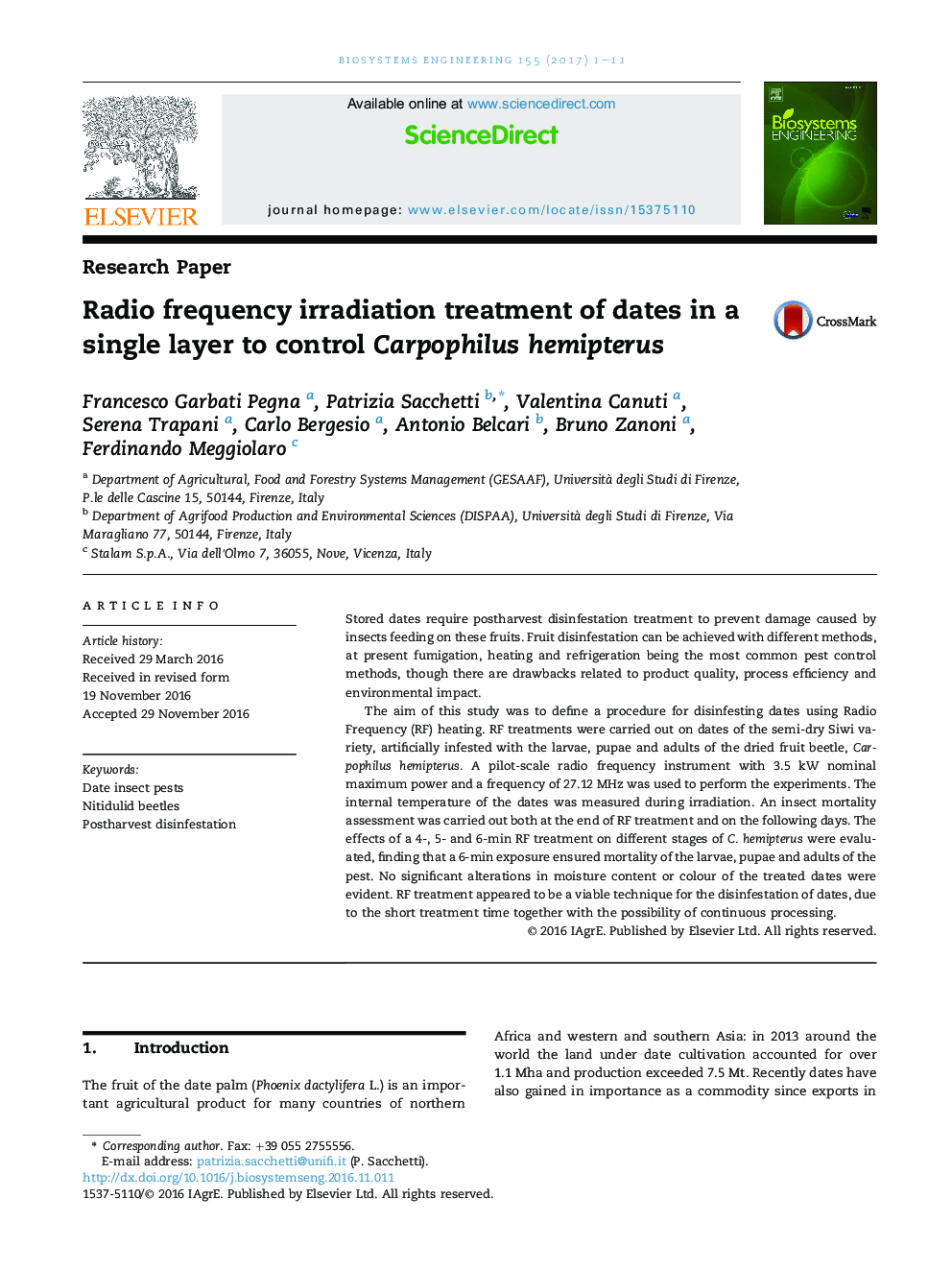 Radio frequency irradiation treatment of dates in a single layer to control Carpophilus hemipterus