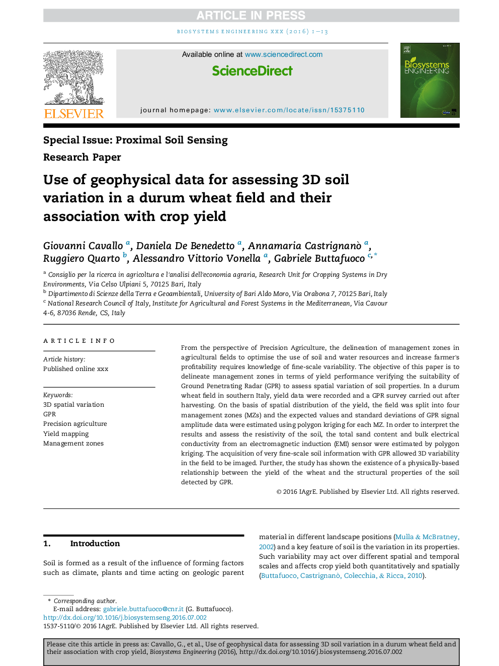 Use of geophysical data for assessing 3D soil variation in a durum wheat field and their association with crop yield