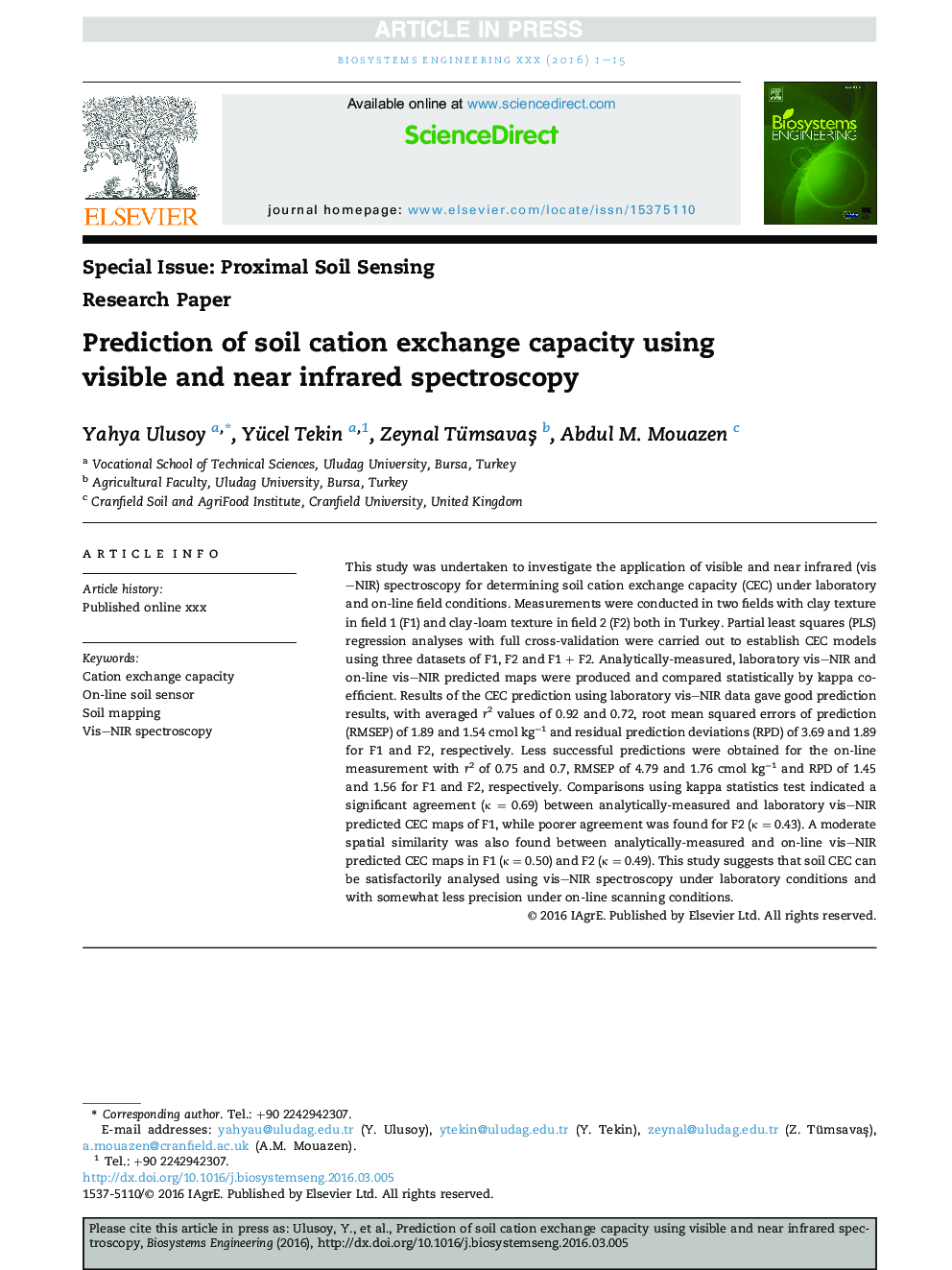 Prediction of soil cation exchange capacity using visible and near infrared spectroscopy