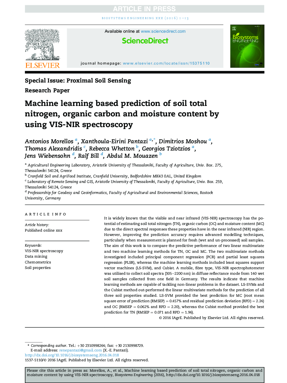 Machine learning based prediction of soil total nitrogen, organic carbon and moisture content by using VIS-NIR spectroscopy