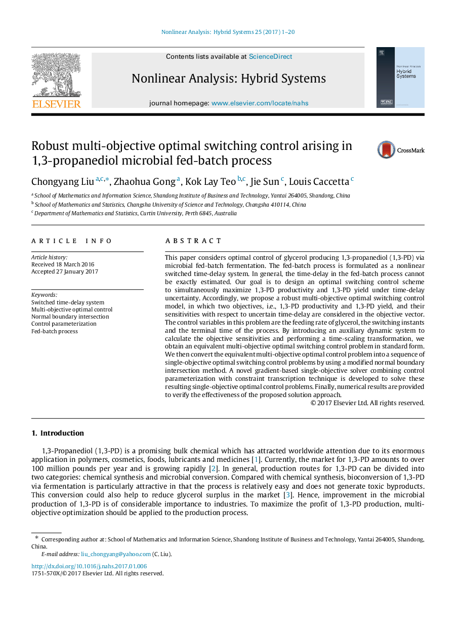 Robust multi-objective optimal switching control arising in 1,3-propanediol microbial fed-batch process