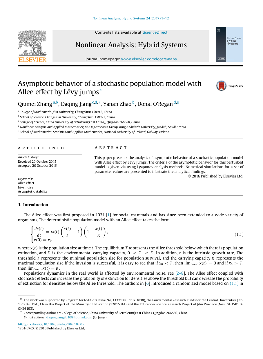 Asymptotic behavior of a stochastic population model with Allee effect by Lévy jumps