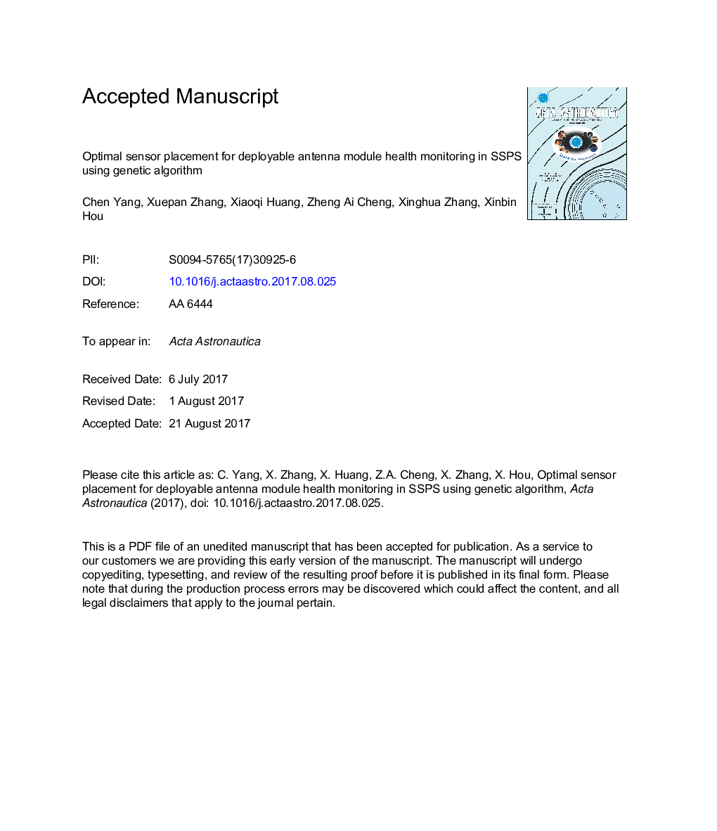 Optimal sensor placement for deployable antenna module health monitoring in SSPS using genetic algorithm