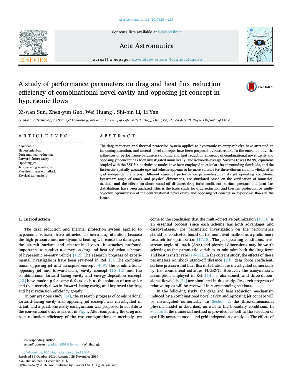 A study of performance parameters on drag and heat flux reduction efficiency of combinational novel cavity and opposing jet concept in hypersonic flows