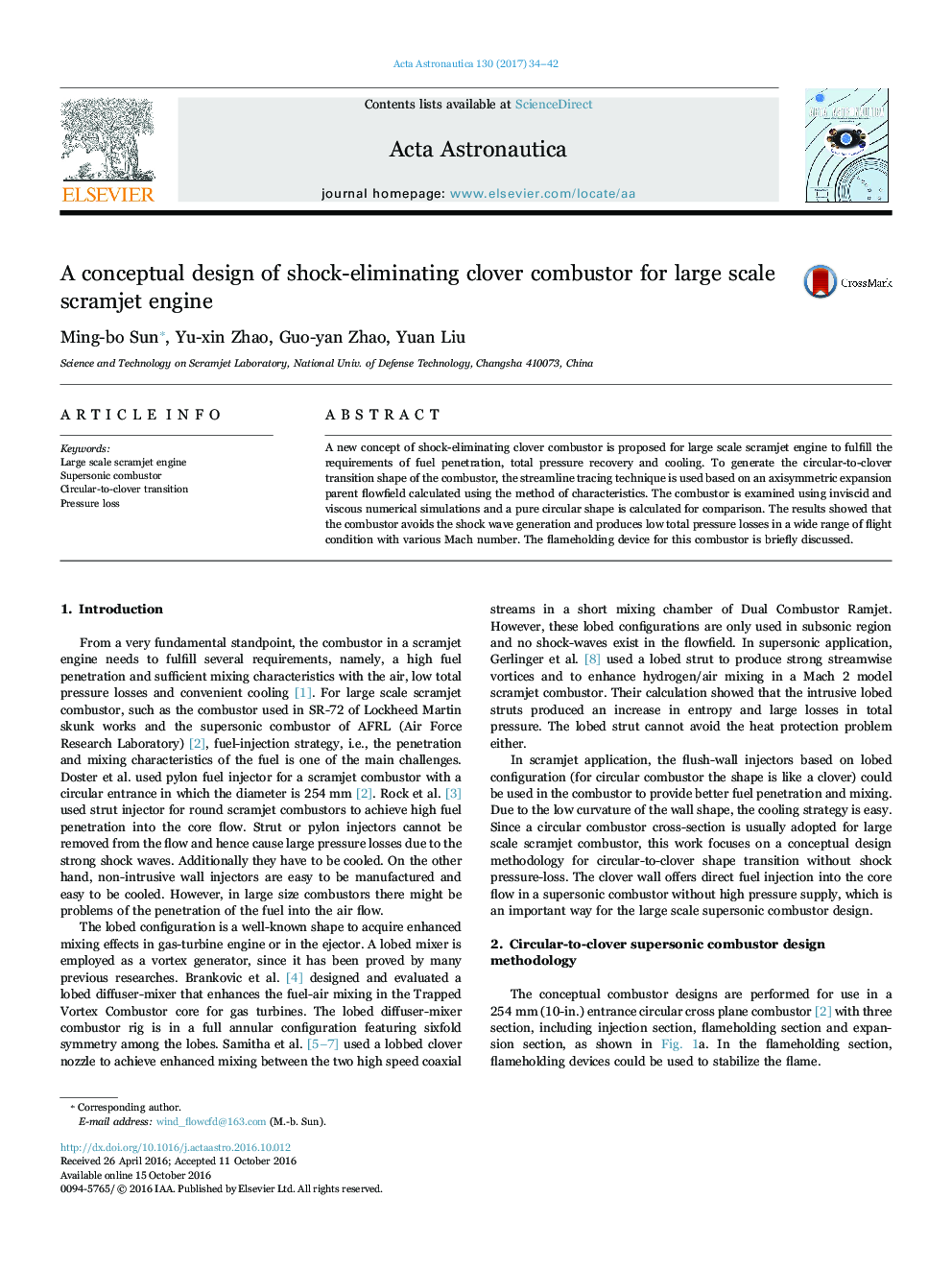 A conceptual design of shock-eliminating clover combustor for large scale scramjet engine