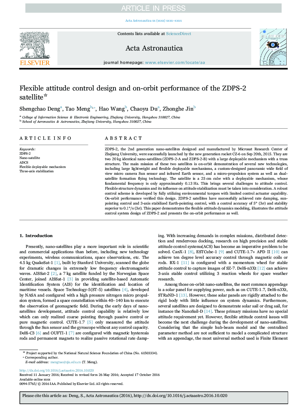 عکس صفحه اول مقاله: Flexible attitude control design and on-orbit performance of the ZDPS-2 satellite Flexible attitude control design and on-orbit performance of the ZDPS-2 satellite