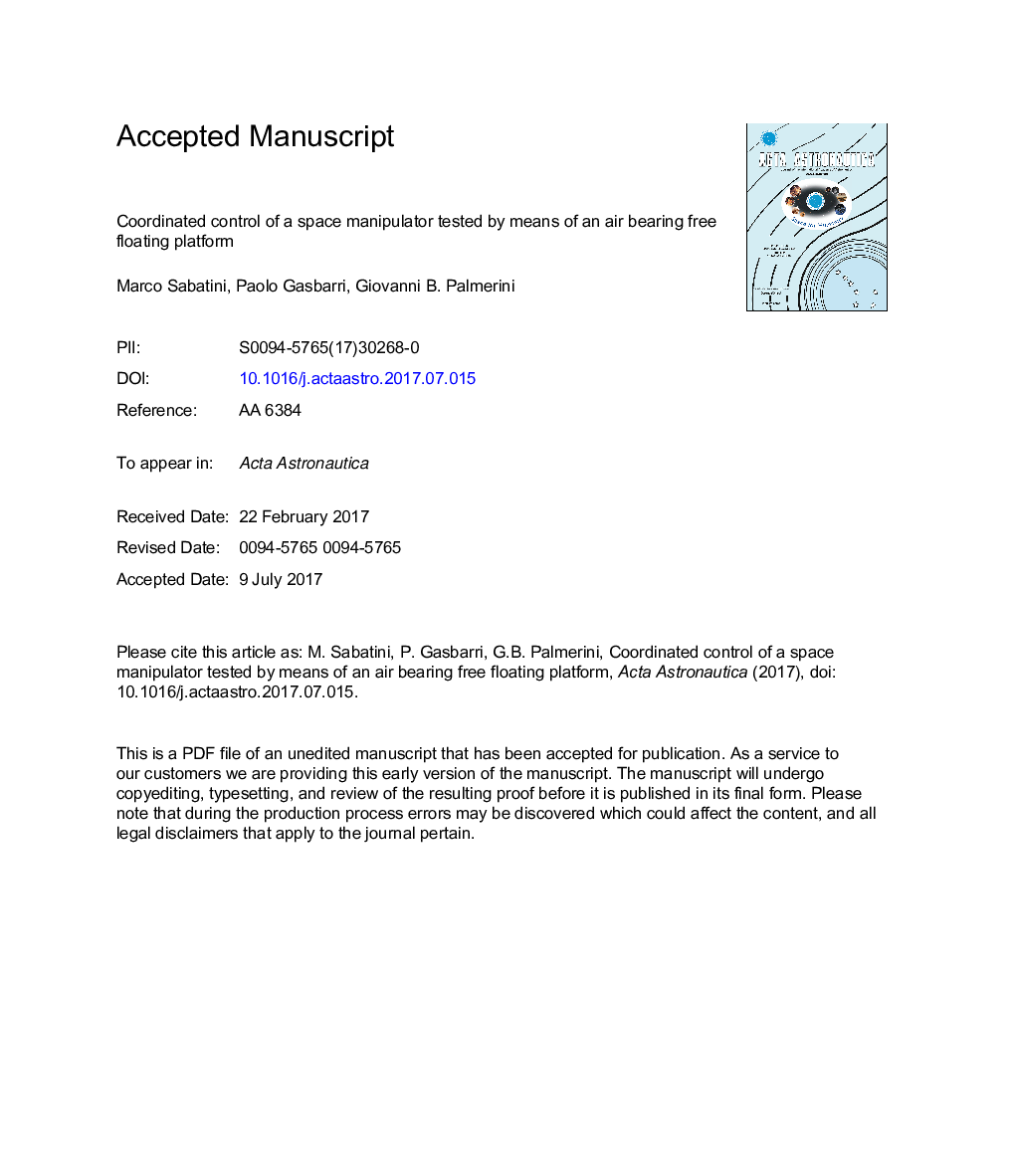 Coordinated control of a space manipulator tested by means of an air bearing free floating platform