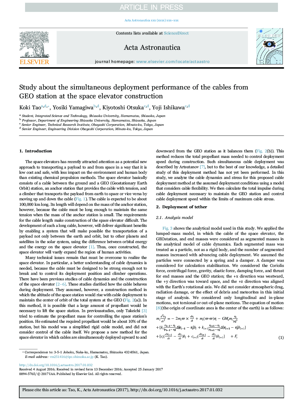 عکس صفحه اول مقاله: Study about the simultaneous deployment performance of the cables from GEO station at the space elevator construction Study about the simultaneous deployment performance of the cables from GEO station at the space elevator construction