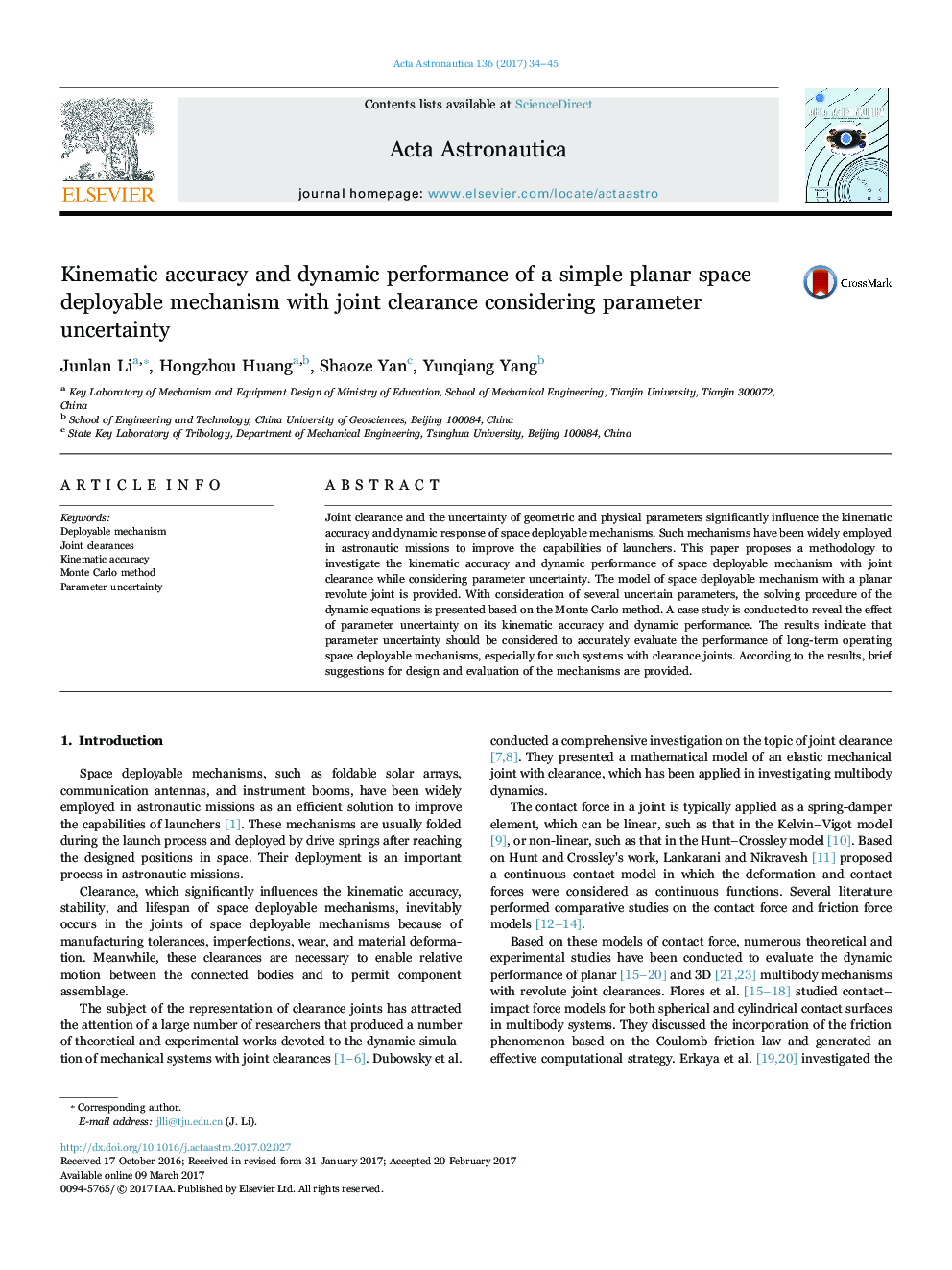 Kinematic accuracy and dynamic performance of a simple planar space deployable mechanism with joint clearance considering parameter uncertainty