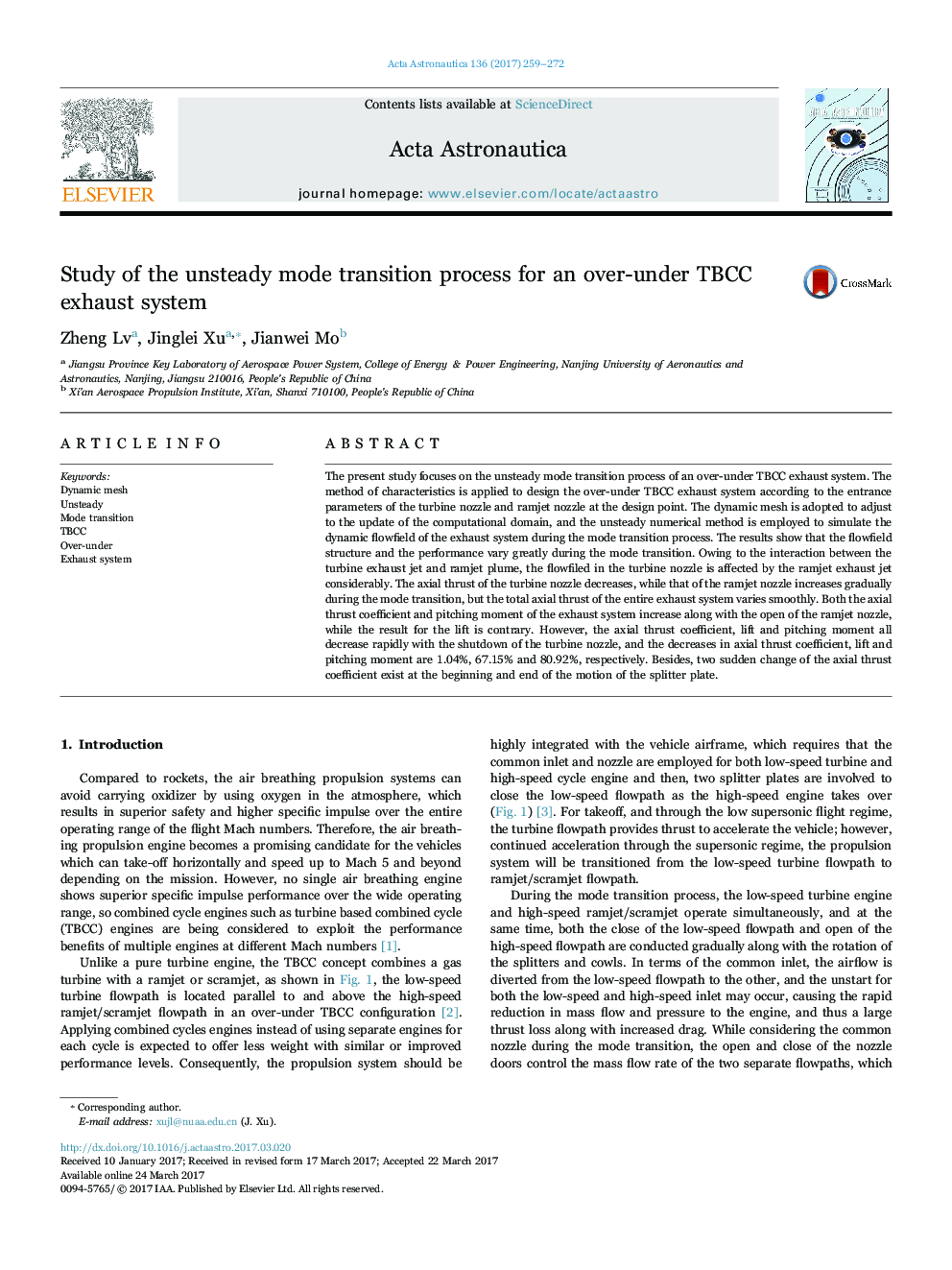 Study of the unsteady mode transition process for an over-under TBCC exhaust system