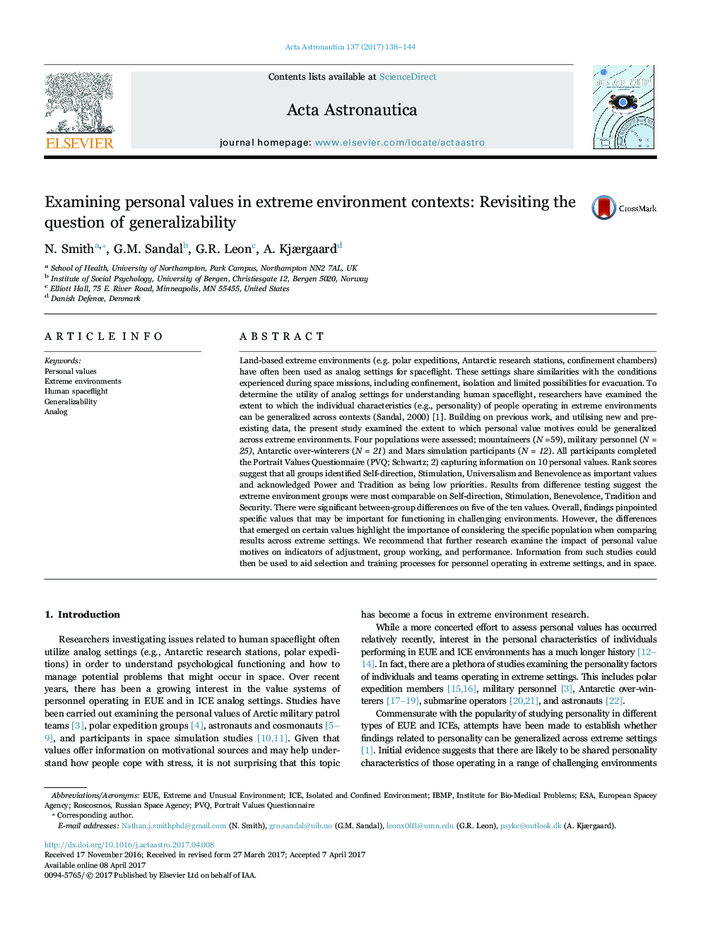 Examining personal values in extreme environment contexts: Revisiting the question of generalizability