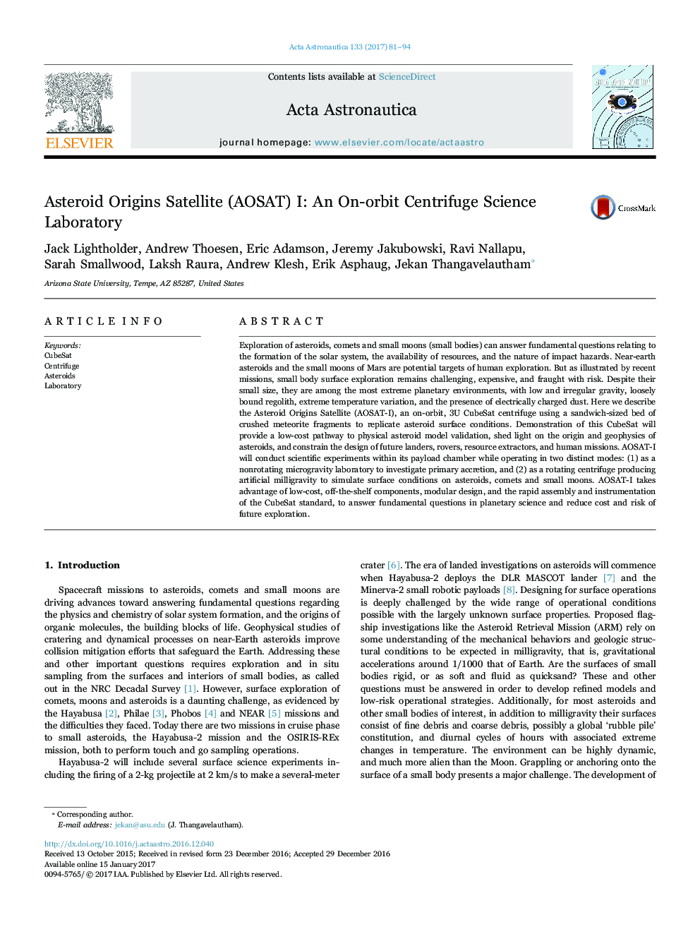 Asteroid Origins Satellite (AOSAT) I: An On-orbit Centrifuge Science Laboratory