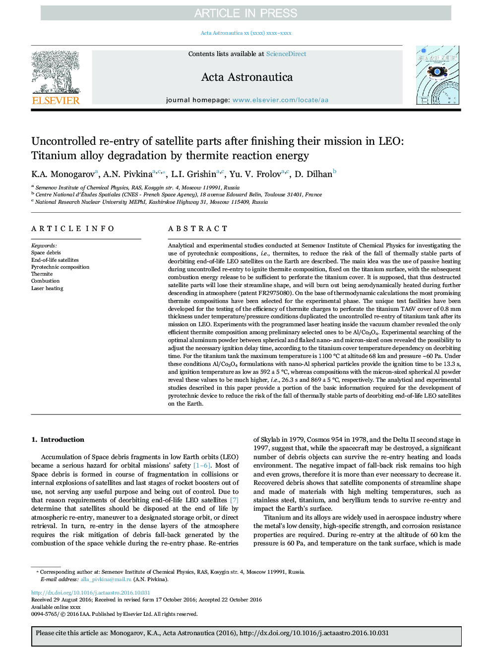 Uncontrolled re-entry of satellite parts after finishing their mission in LEO: Titanium alloy degradation by thermite reaction energy