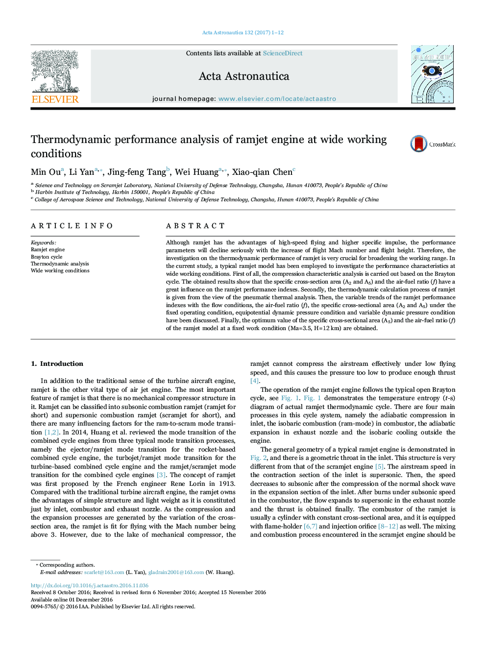 Thermodynamic performance analysis of ramjet engine at wide working conditions