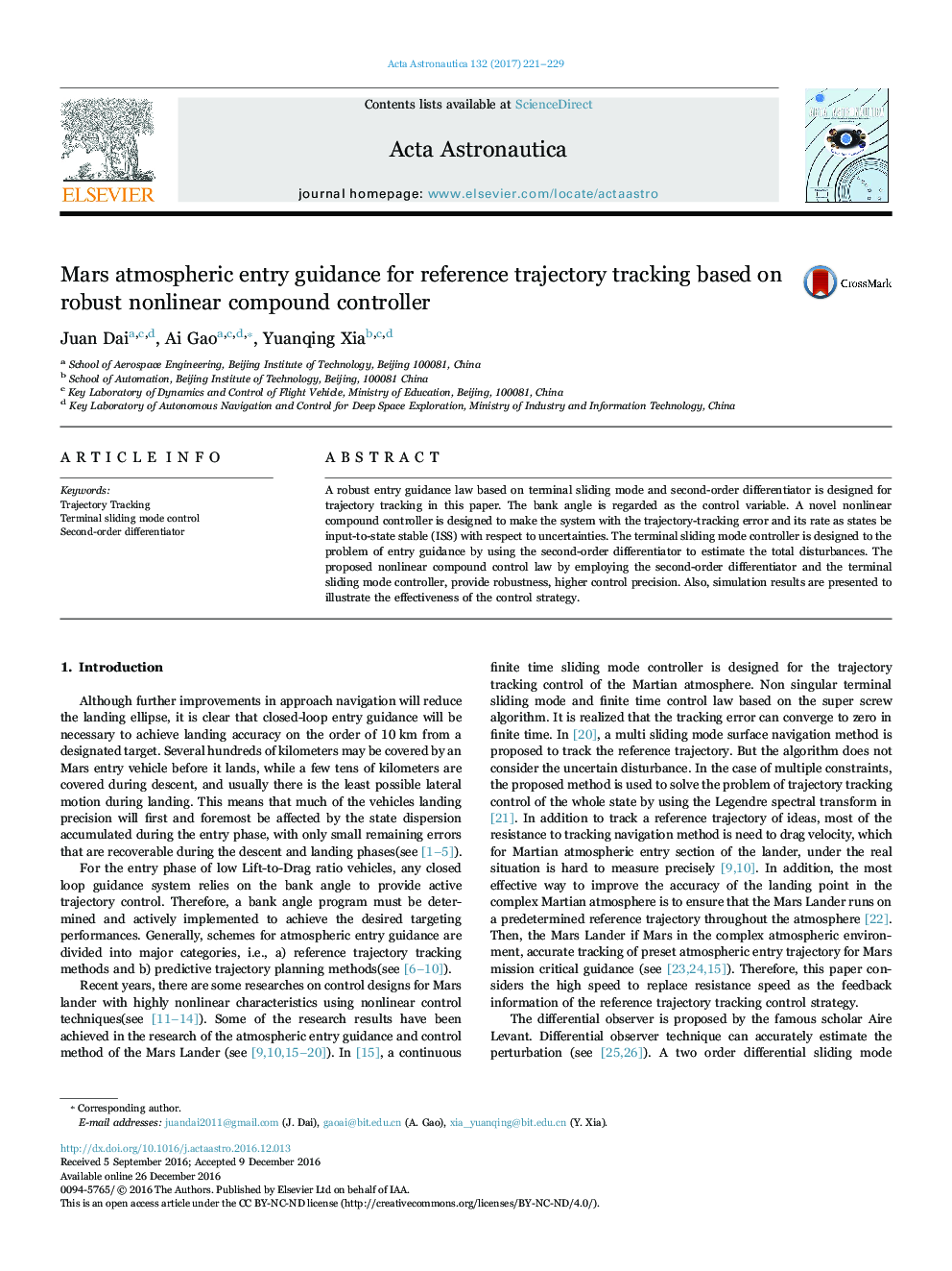 Mars atmospheric entry guidance for reference trajectory tracking based on robust nonlinear compound controller