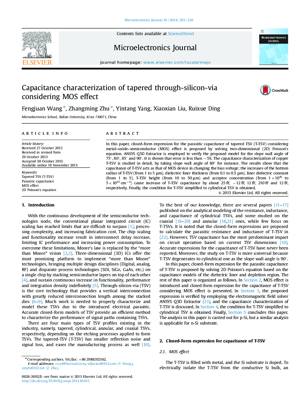 Capacitance characterization of tapered through-silicon-via considering MOS effect