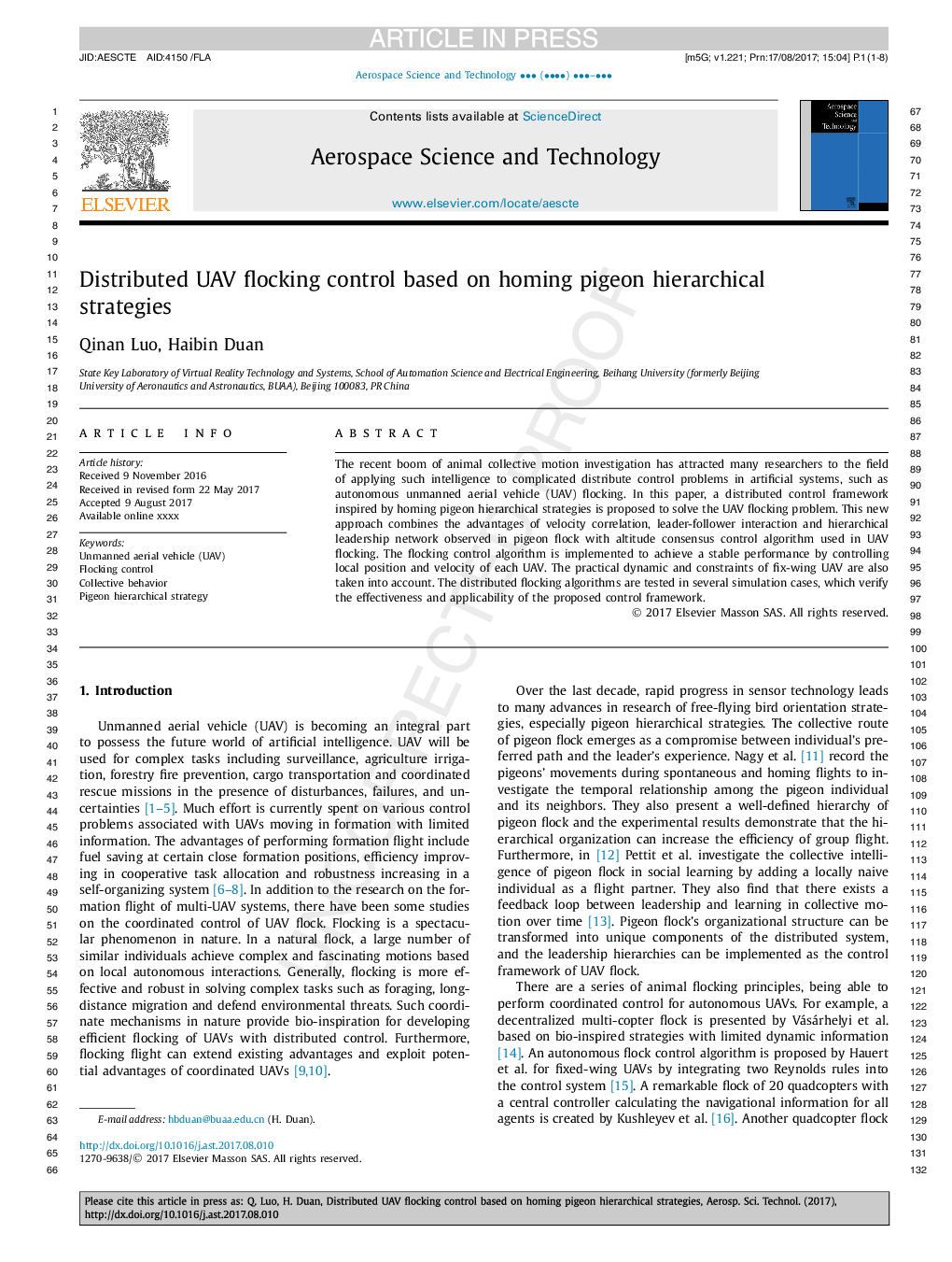 Distributed UAV flocking control based on homing pigeon hierarchical strategies