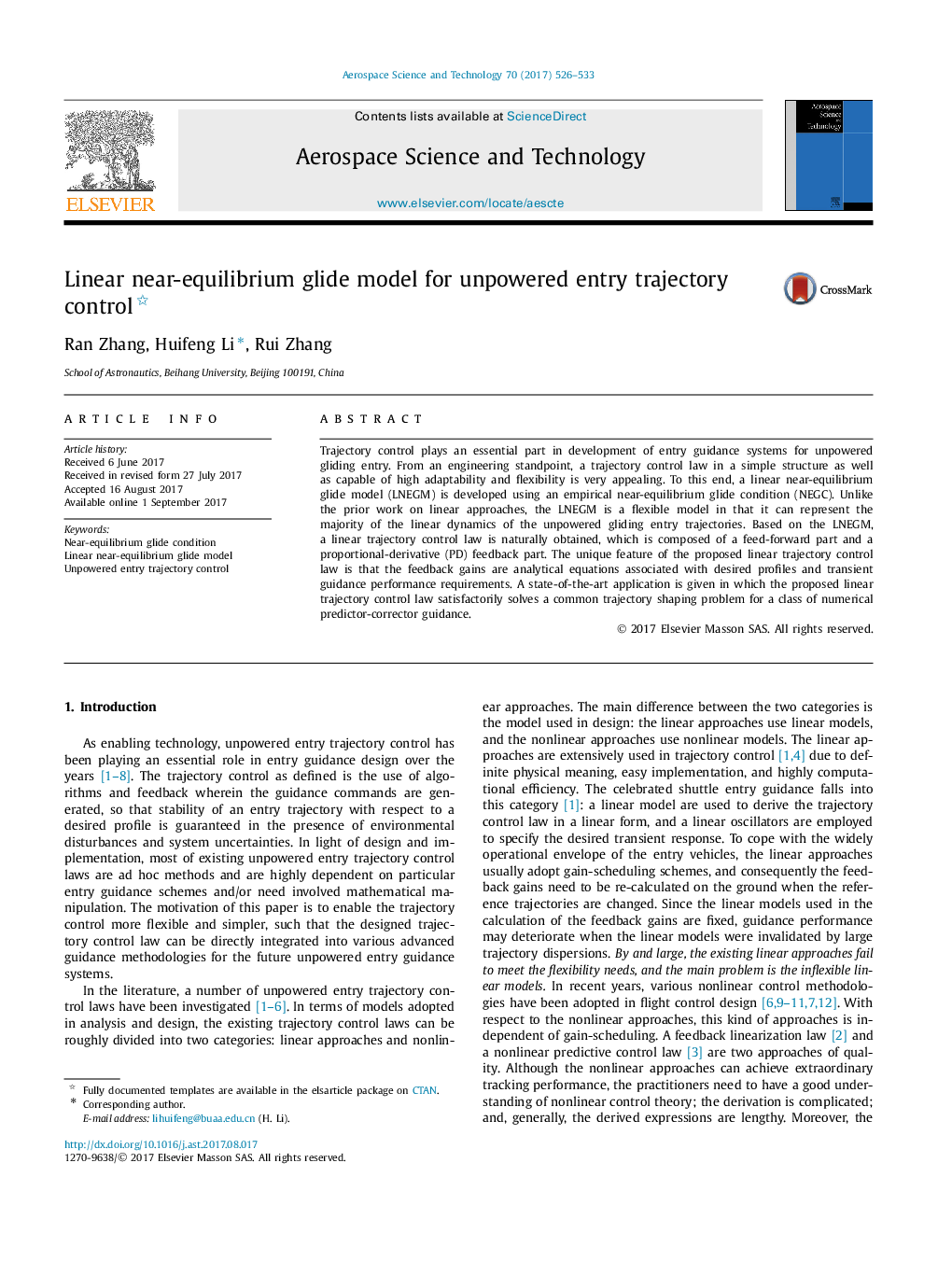 Linear near-equilibrium glide model for unpowered entry trajectory control