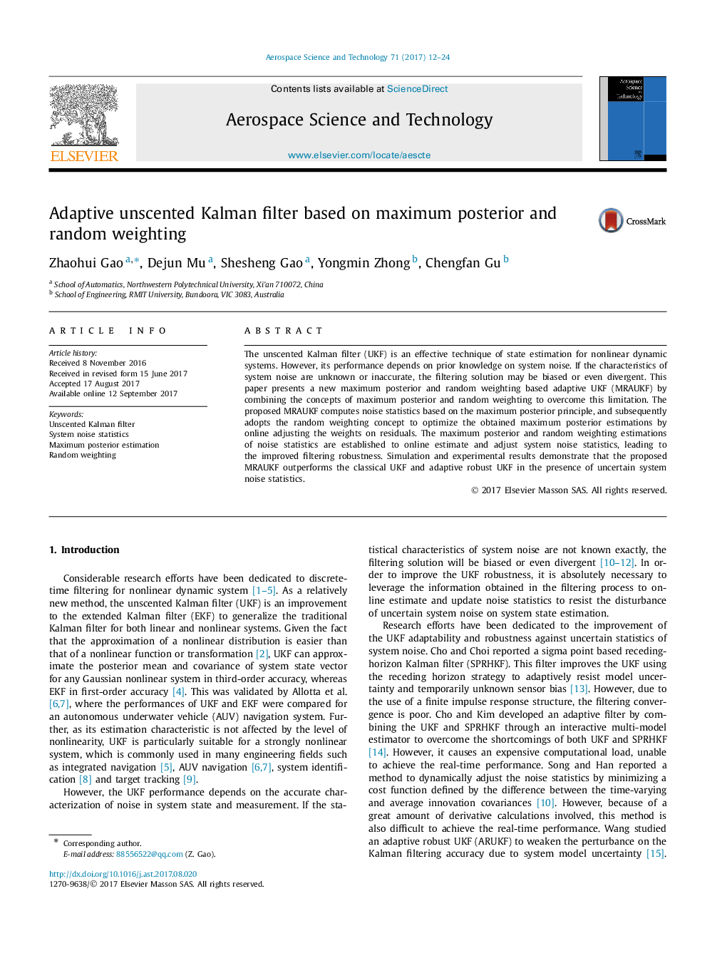 Adaptive unscented Kalman filter based on maximum posterior and random weighting