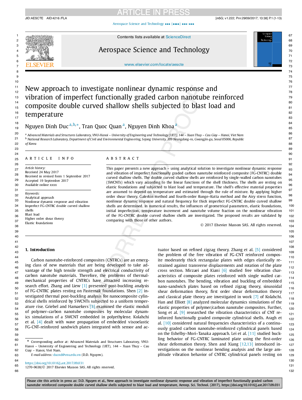 New approach to investigate nonlinear dynamic response and vibration of imperfect functionally graded carbon nanotube reinforced composite double curved shallow shells subjected to blast load and temperature