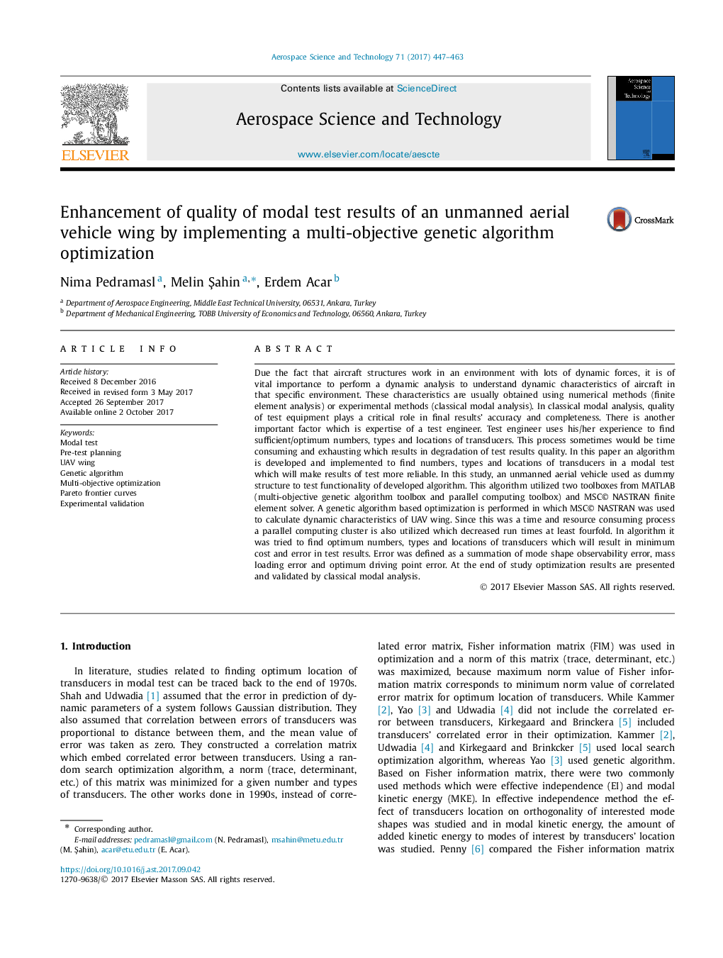 Enhancement of quality of modal test results of an unmanned aerial vehicle wing by implementing a multi-objective genetic algorithm optimization