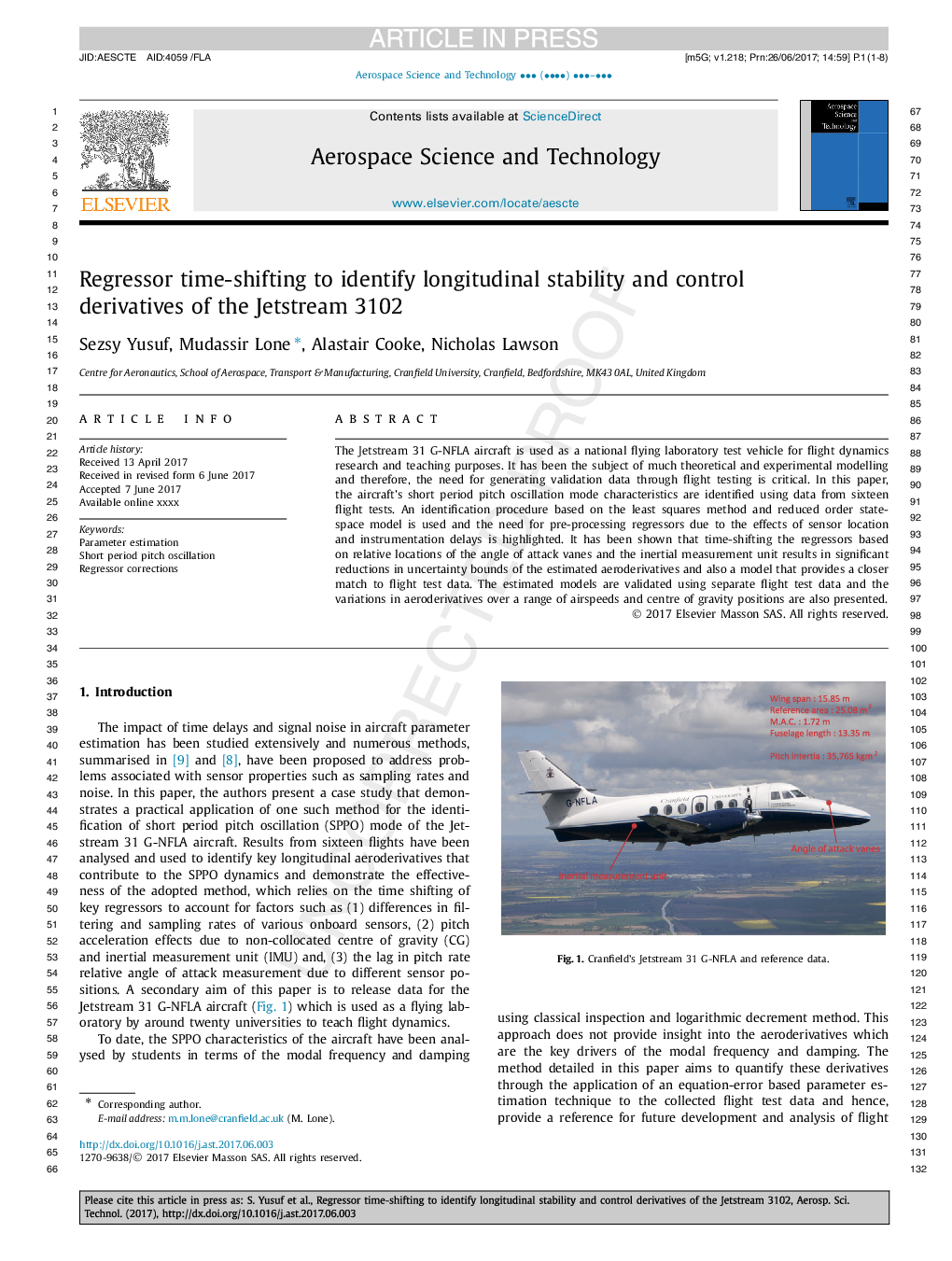 Regressor time-shifting to identify longitudinal stability and control derivatives of the Jetstream 3102