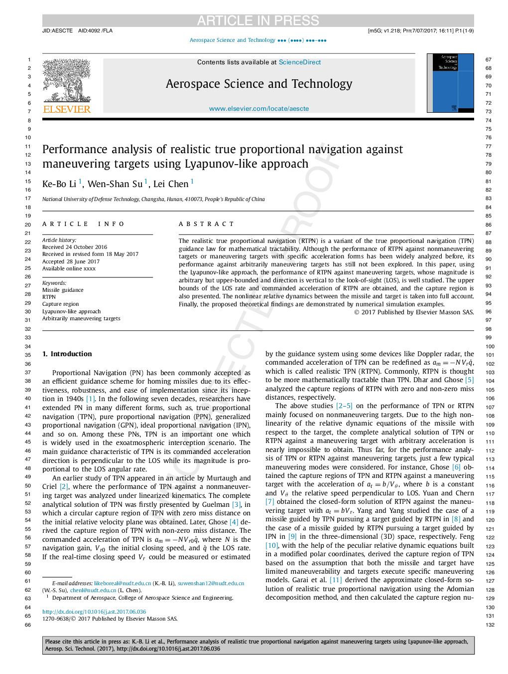 Performance analysis of realistic true proportional navigation against maneuvering targets using Lyapunov-like approach