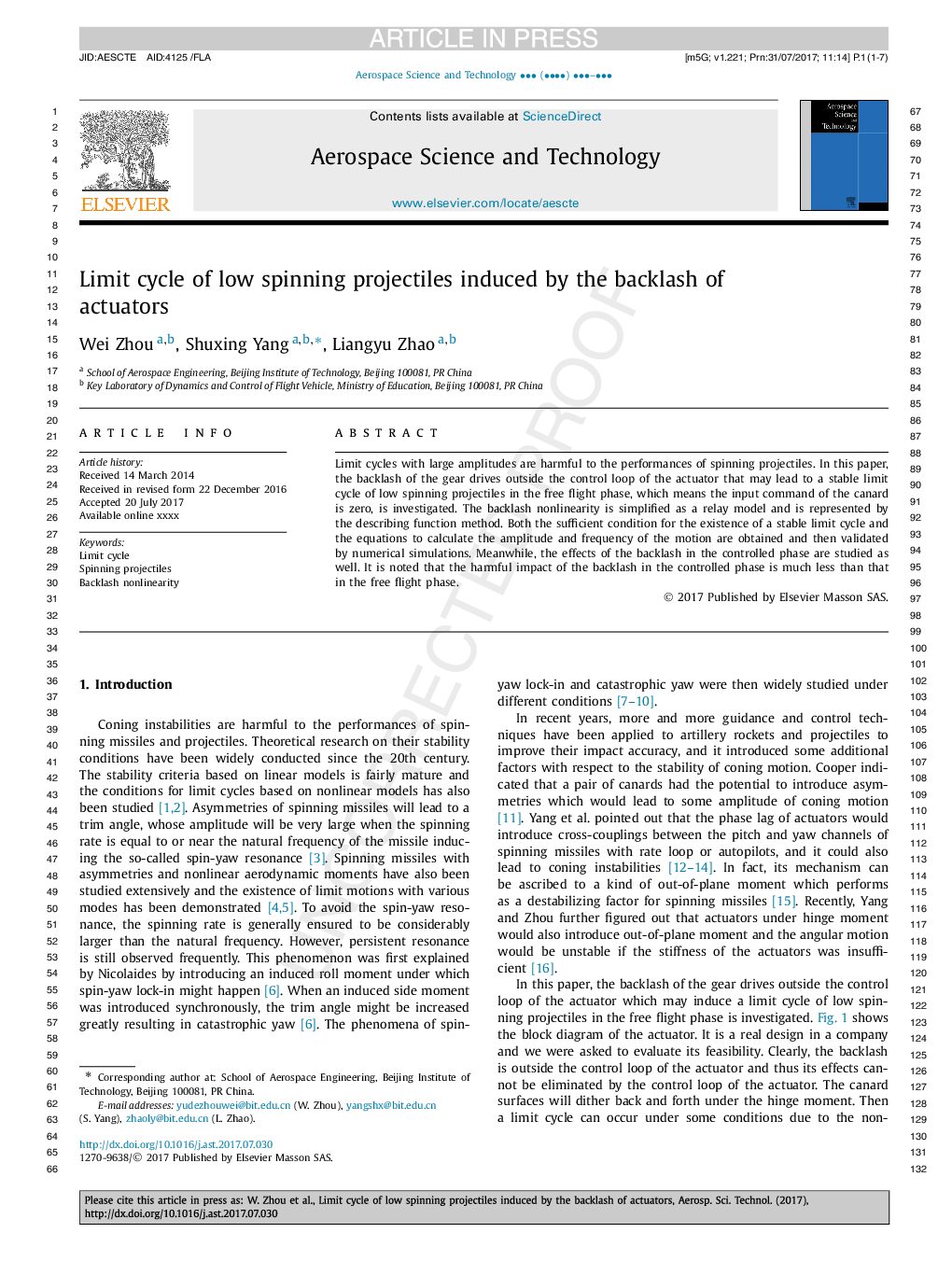 Limit cycle of low spinning projectiles induced by the backlash of actuators