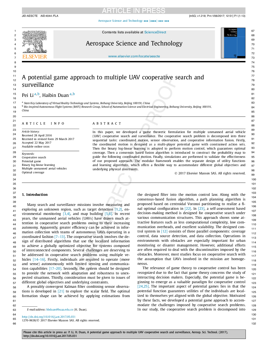 A potential game approach to multiple UAV cooperative search and surveillance