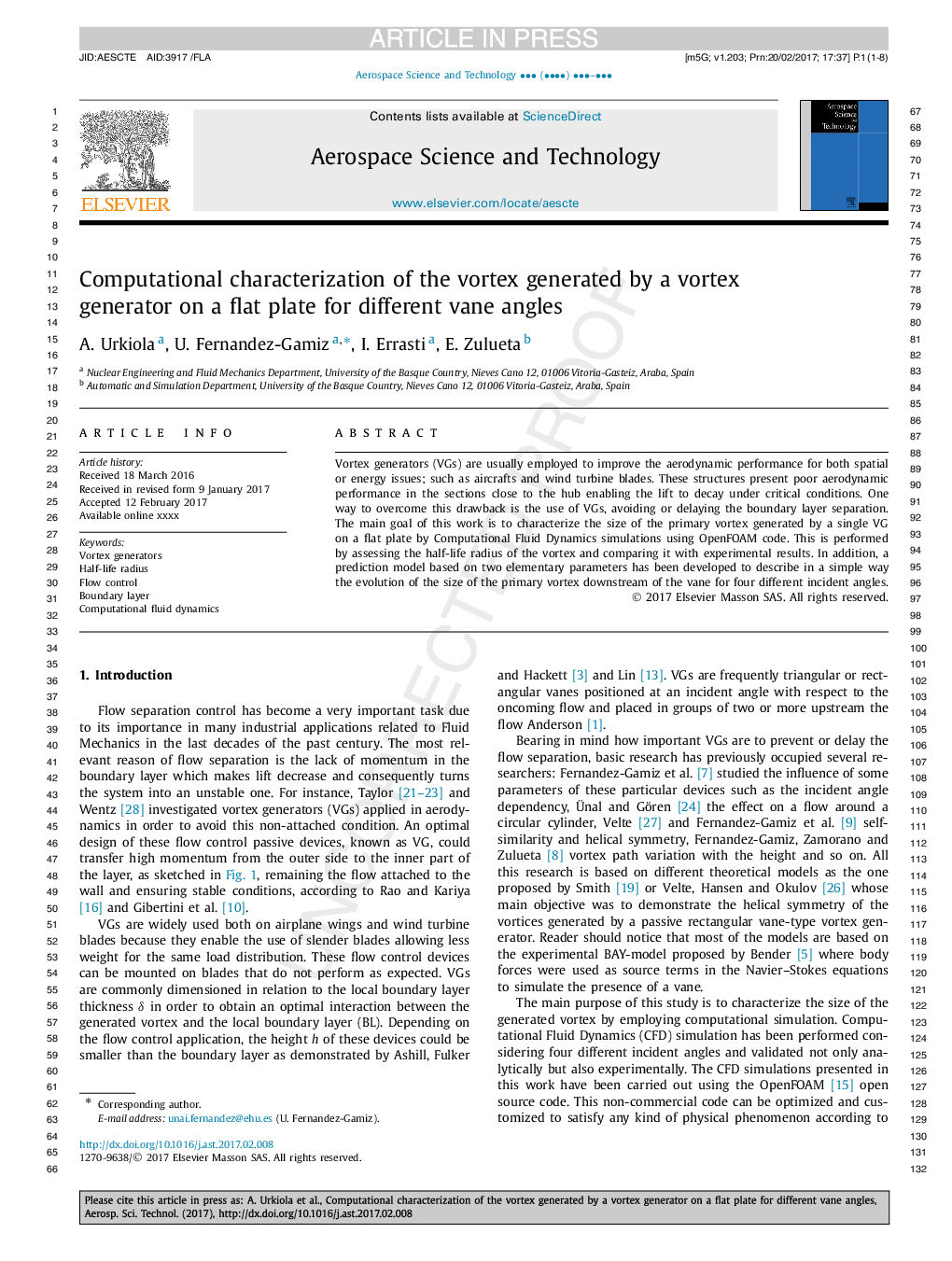 Computational characterization of the vortex generated by a Vortex Generator on a flat plate for different vane angles