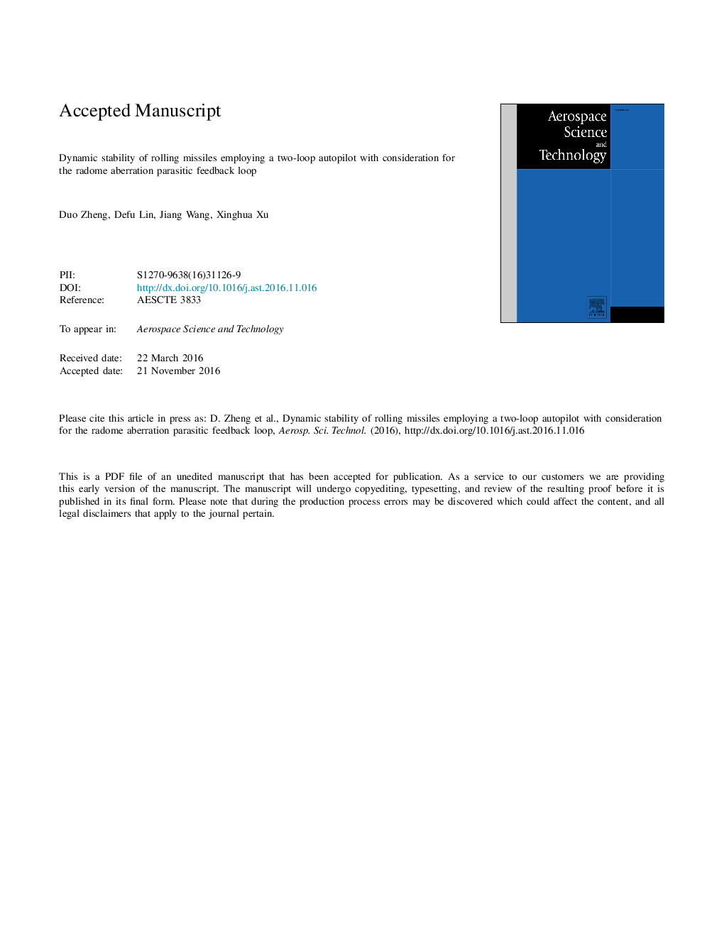 Dynamic stability of rolling missiles employing a two-loop autopilot with consideration for the radome aberration parasitic feedback loop