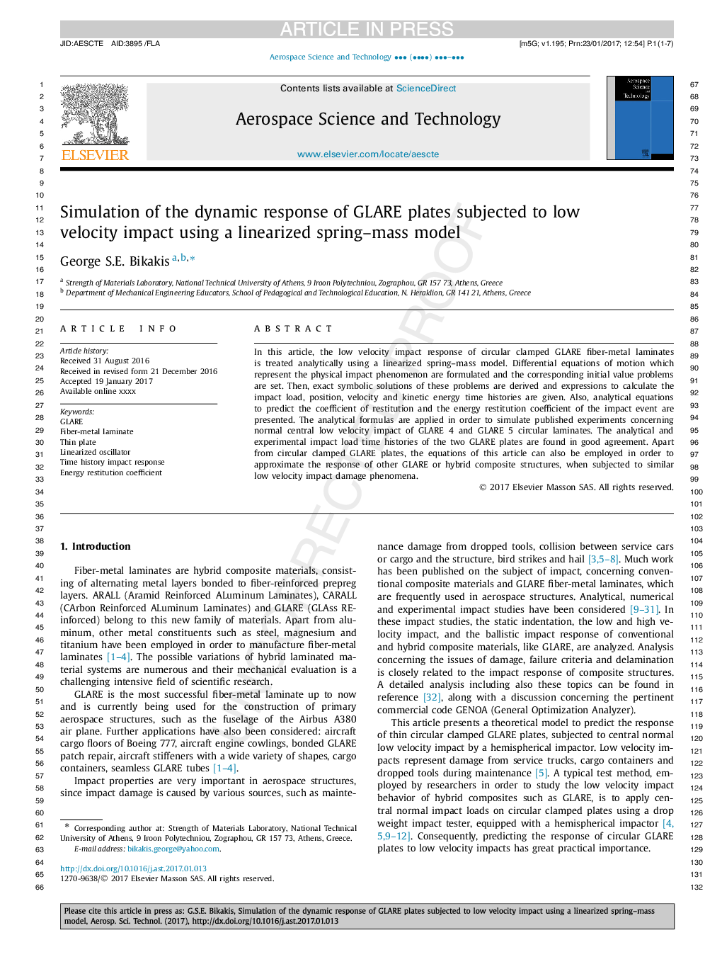 Simulation of the dynamic response of GLARE plates subjected to low velocity impact using a linearized spring-mass model